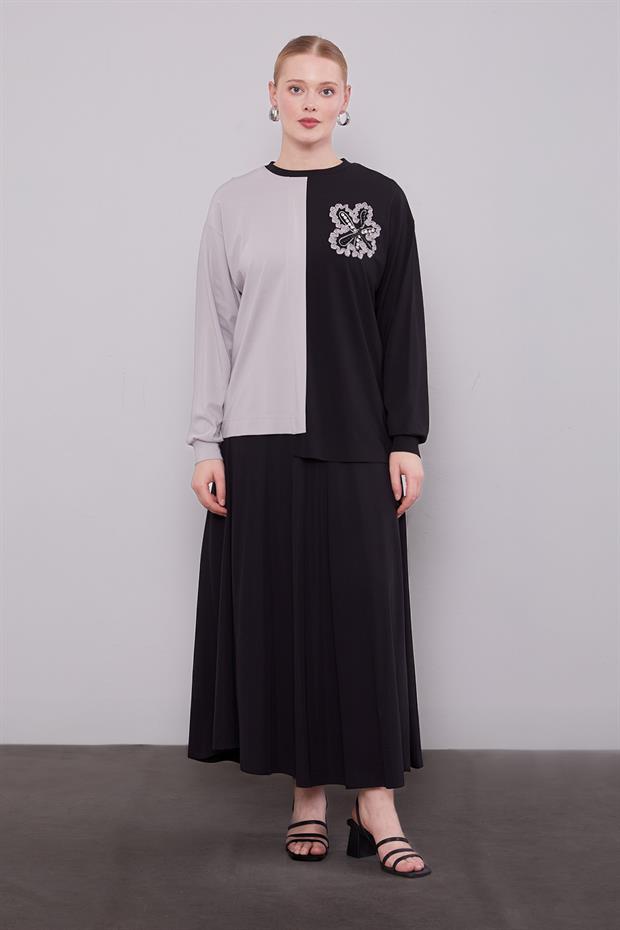 Siyah İki Renkli Asimetrik Etekli Takım