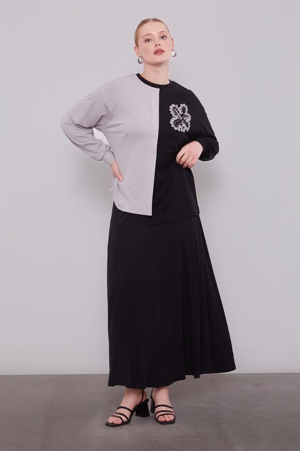 Siyah İki Renkli Asimetrik Etekli Takım