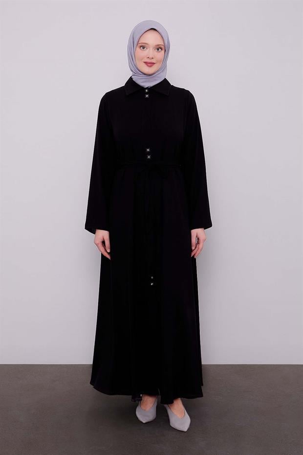 Siyah İkili Düğme Detaylı Ferace