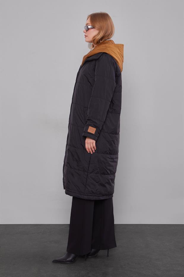 Siyah-Kahve Çift Renk Şişme Mont