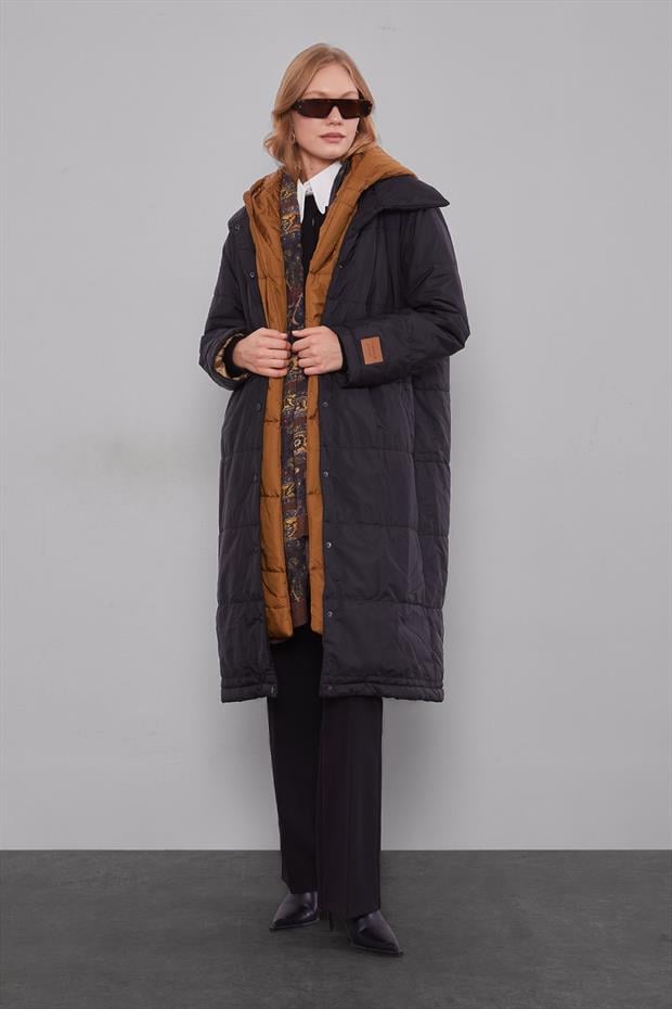 Siyah-Kahve Çift Renk Şişme Mont