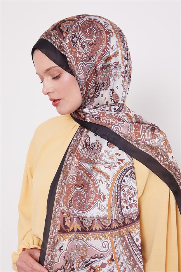 Siyah - Kahve Karışık Desenal Hint İpeği Şal