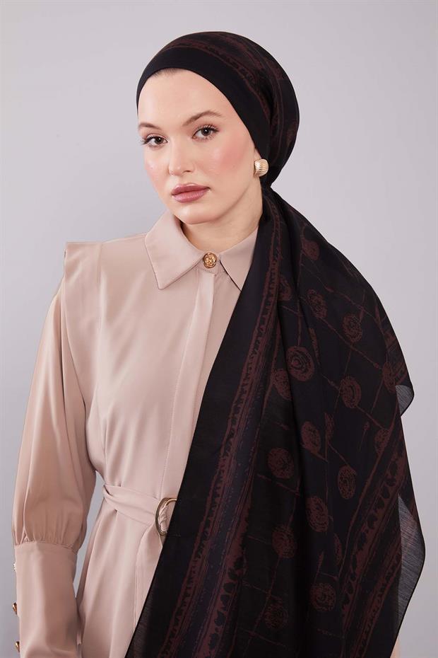 Siyah - Kahve Yuvarlak Desenli Yün İpek Şal