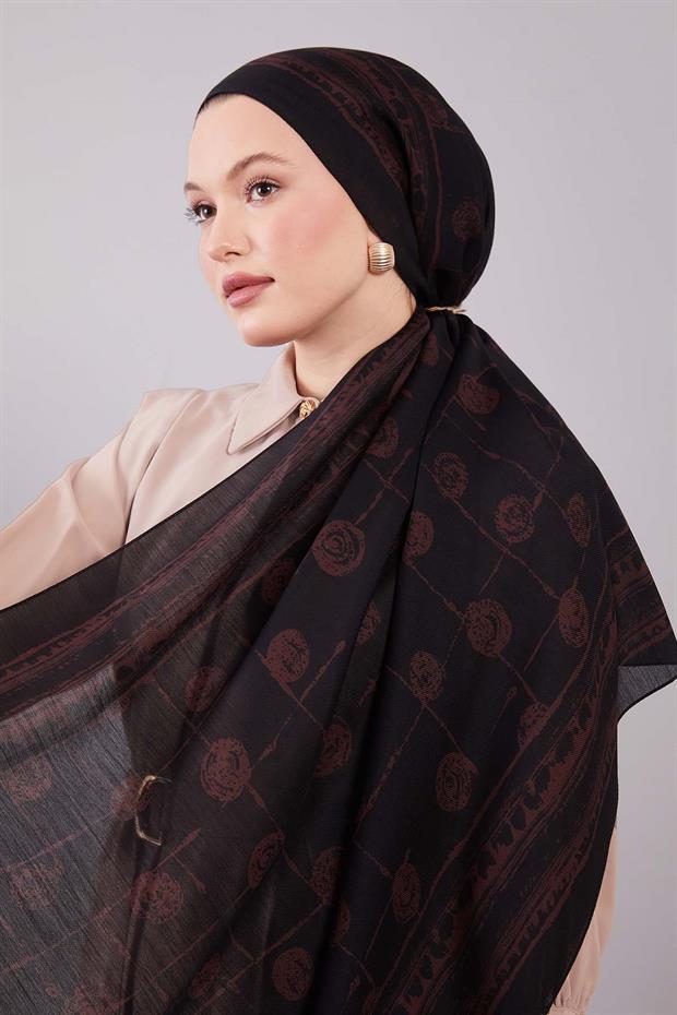 Siyah - Kahve Yuvarlak Desenli Yün İpek Şal