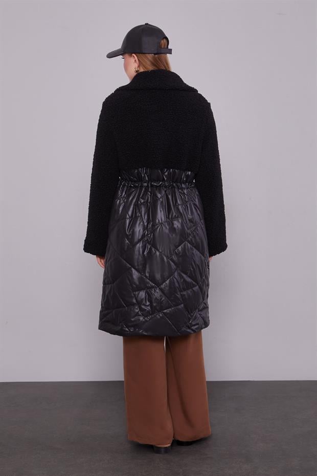 Siyah Kapitone Belli İp Büzgülü Mont