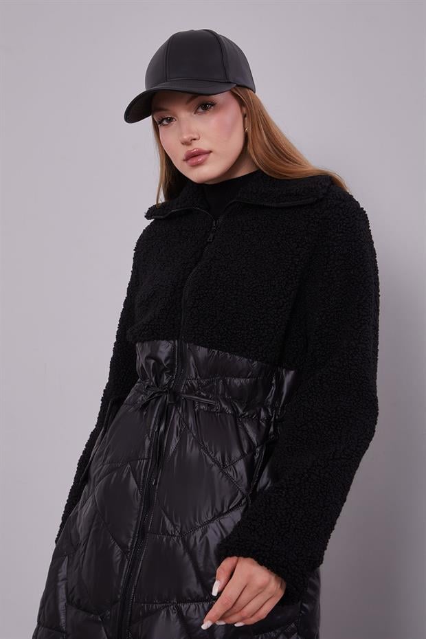 Siyah Kapitone Belli İp Büzgülü Mont