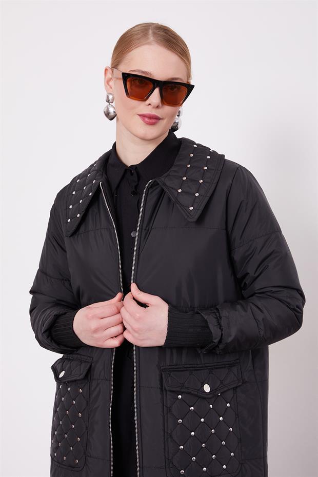 Siyah Kapitone Cep Detaylı Mont