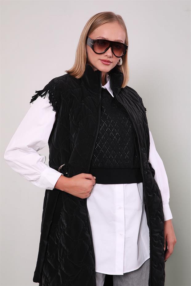 Siyah Kapitone Desen Kemerli Yelek