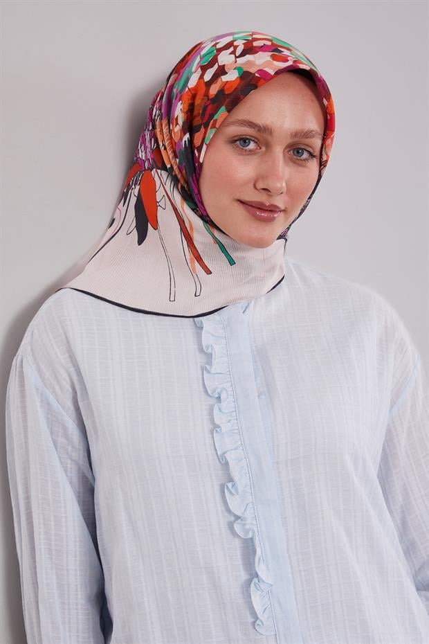 Siyah Karışık Çiçek Desen Pamuk Eşarp