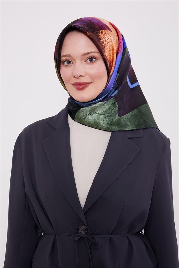 Mermer Desen Twill İpek Eşarp Siyah
