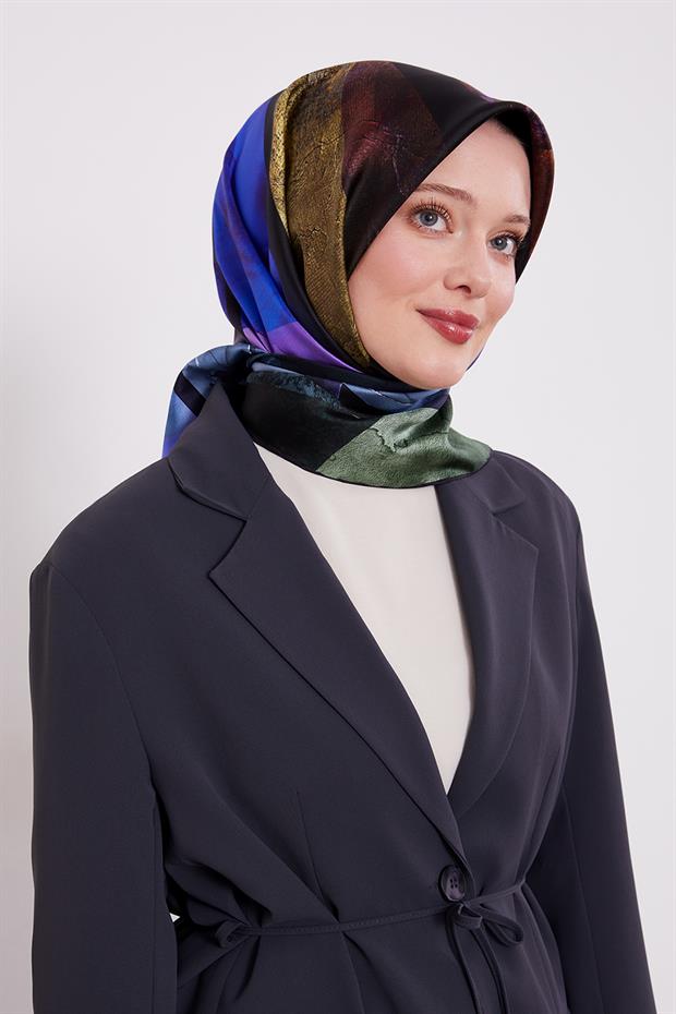 Mermer Desen Twill İpek Eşarp Siyah