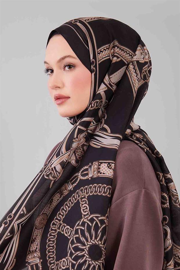 Siyah Karışık Desenli Yün İpek Şal