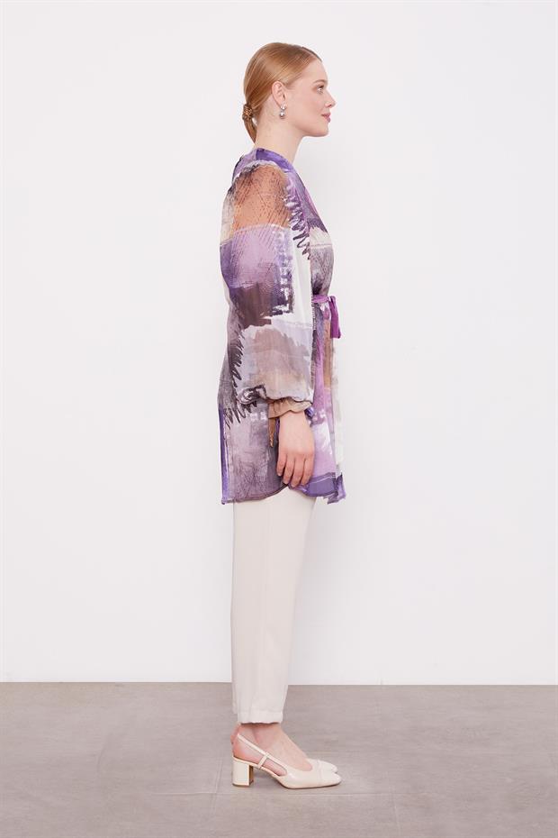 Siyah Karışık Fırça Desen Şifon Tunik