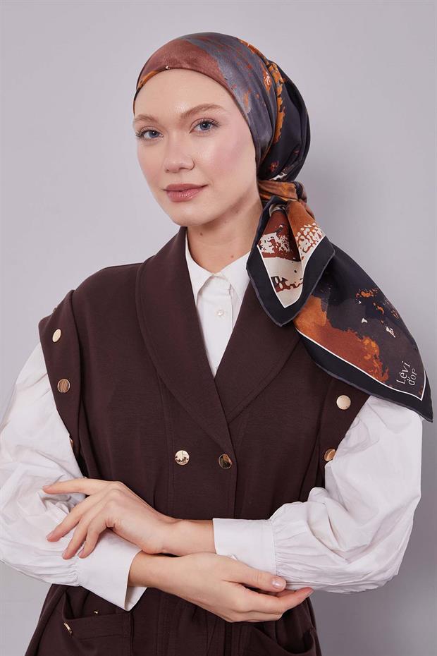 Siyah Karma Desenli Twill İpek Eşarp