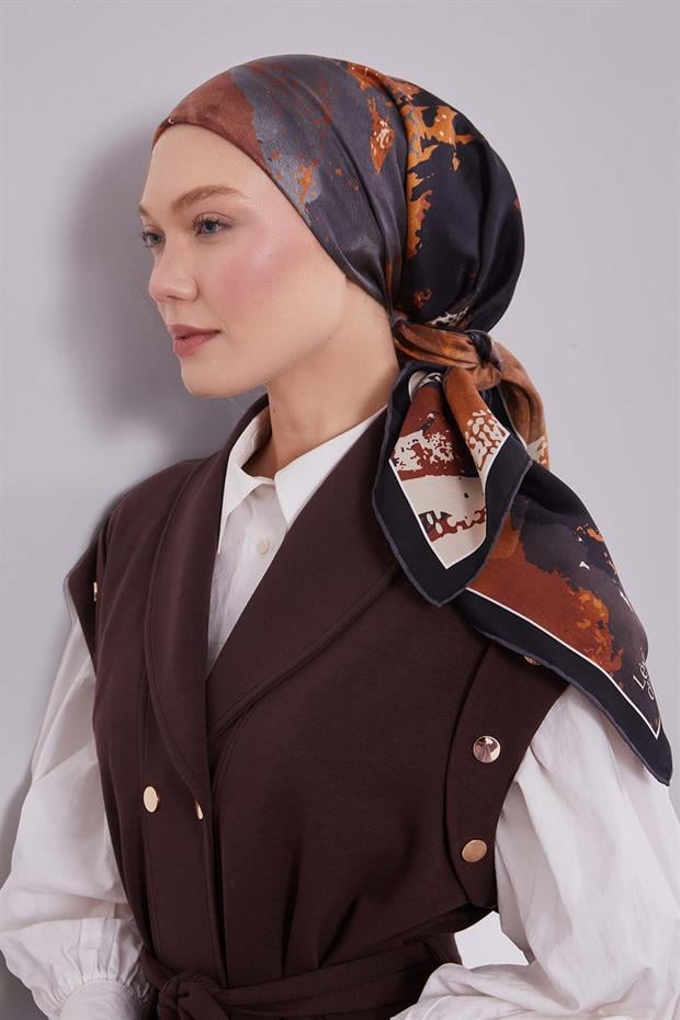 Siyah Karma Desenli Twill İpek Eşarp
