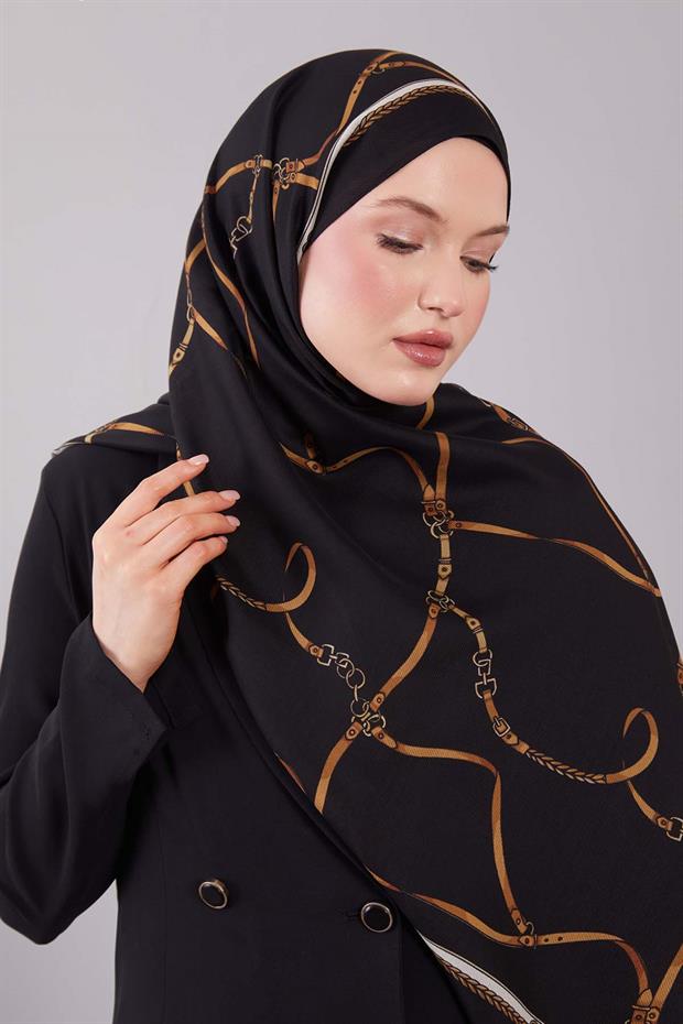 Siyah Kemer Desenli Yün İpek Şal