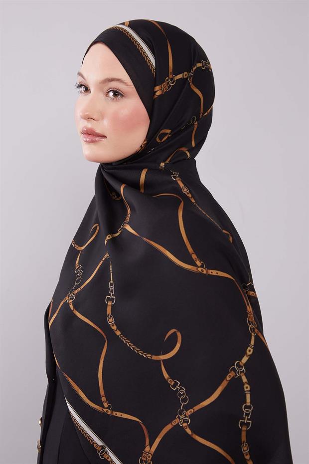 Siyah Kemer Desenli Yün İpek Şal