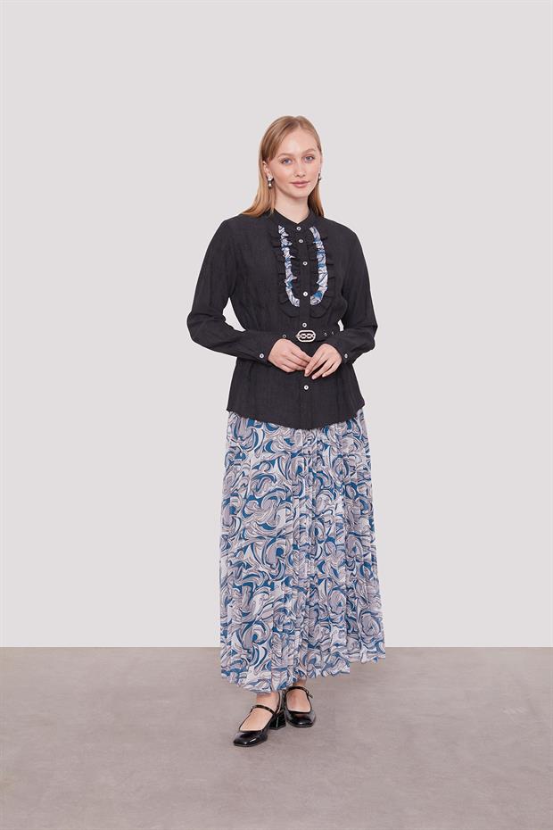 Siyah Kemer Detaylı Piliseli Etek Takım