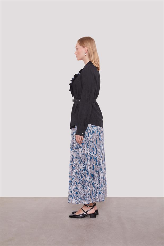 Siyah Kemer Detaylı Piliseli Etek Takım