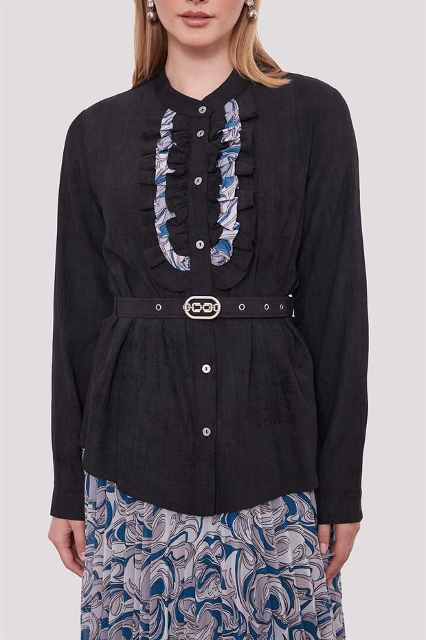 Siyah Kemer Detaylı Piliseli Etek Takım