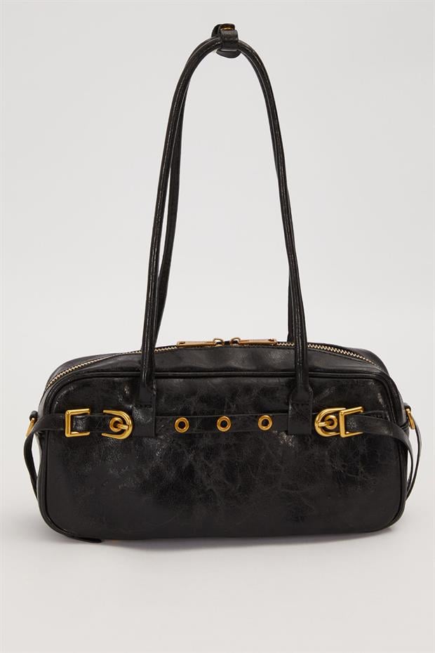 Siyah Kemer Detaylı Uzun Askılı Omuz Çantası