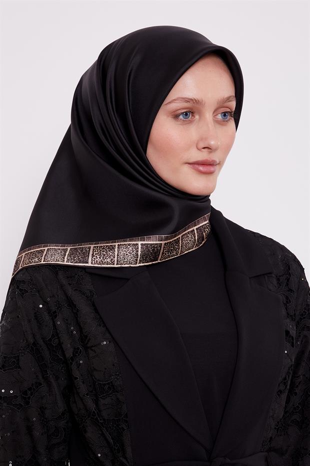 Siyah Kenar Leopar Twill İpek Eşarp