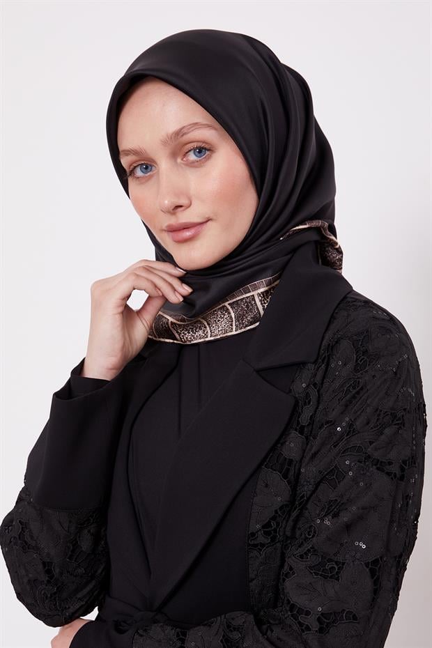 Siyah Kenar Leopar Twill İpek Eşarp