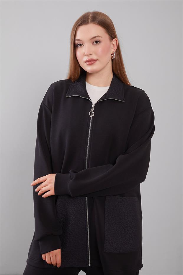 Siyah Kendinden Desen Yakalı İkili Takım