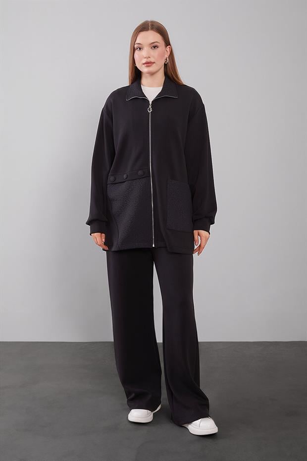 Siyah Kendinden Desen Yakalı İkili Takım