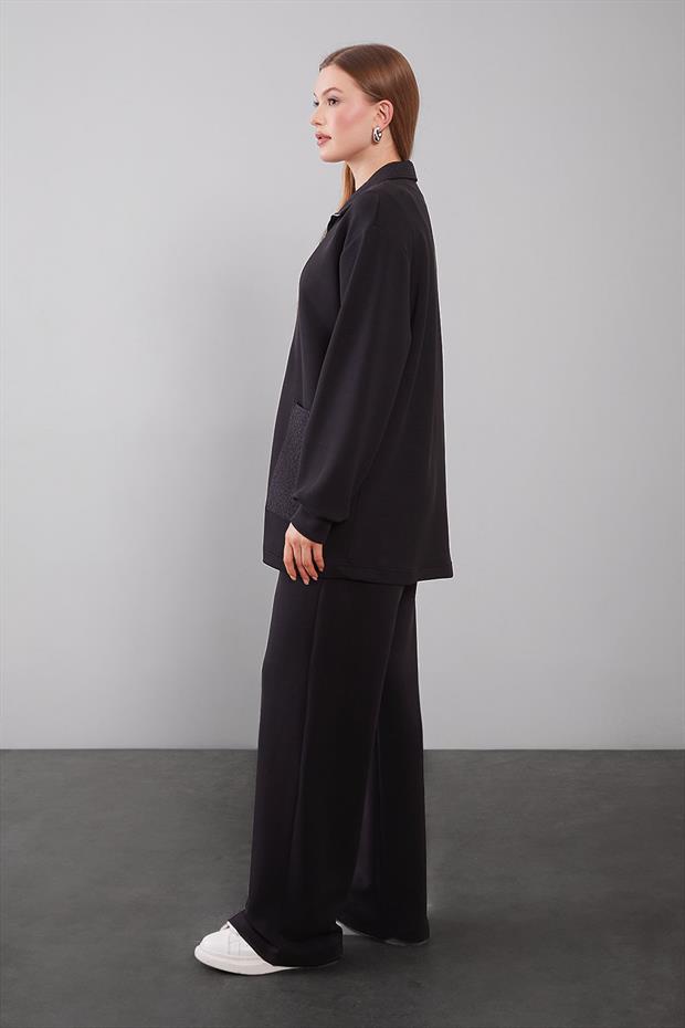 Siyah Kendinden Desen Yakalı İkili Takım