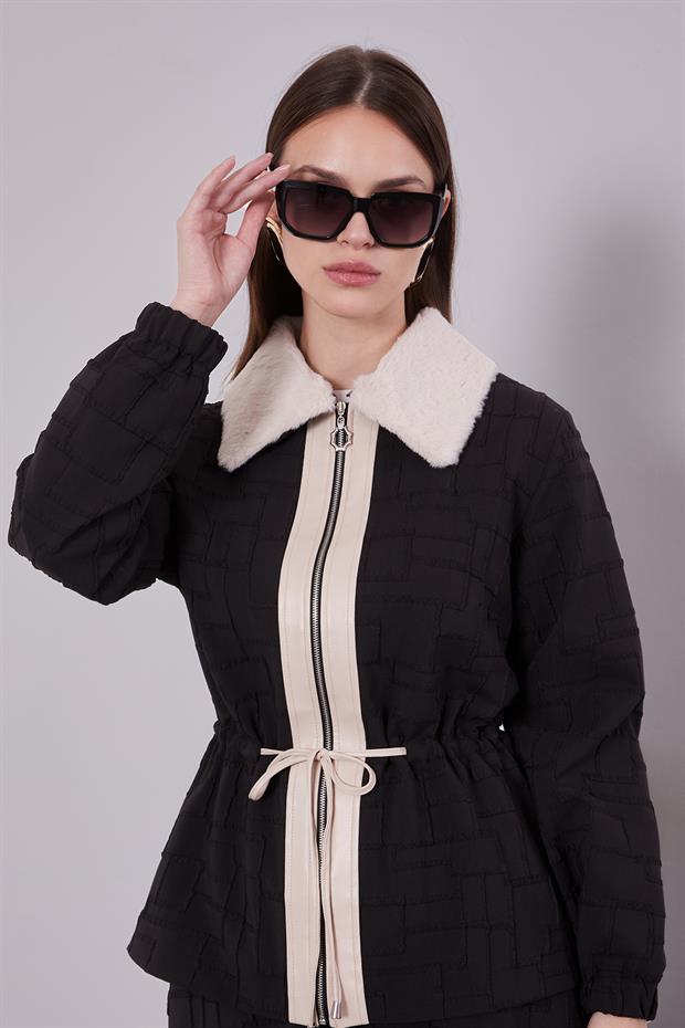 Siyah Kendinden Desenli Etek Takım