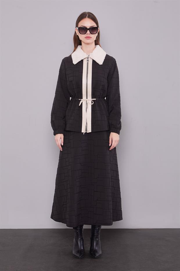 Siyah Kendinden Desenli Etek Takım