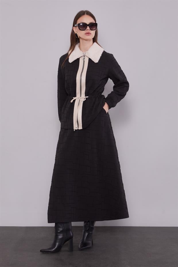 Siyah Kendinden Desenli Etek Takım