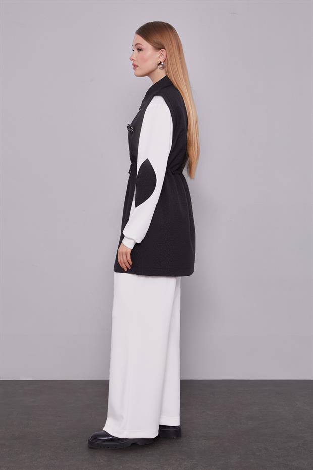 Siyah Kendinden Desenli Yelekli Üçlü Takım