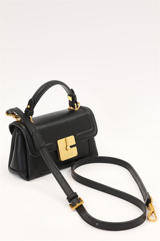 Siyah Kilit Çevirmeli Omuz Çantası