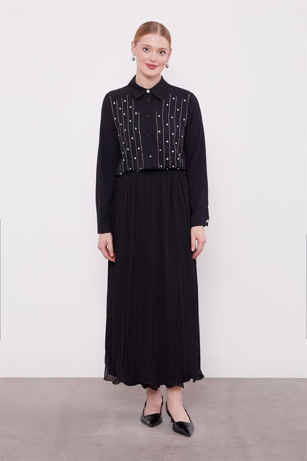 Siyah Kırışık Piliseli Etek