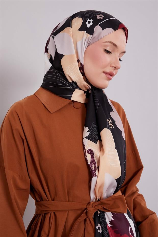 Çiçek Desen Twill Şal Siyah - Kırmızı