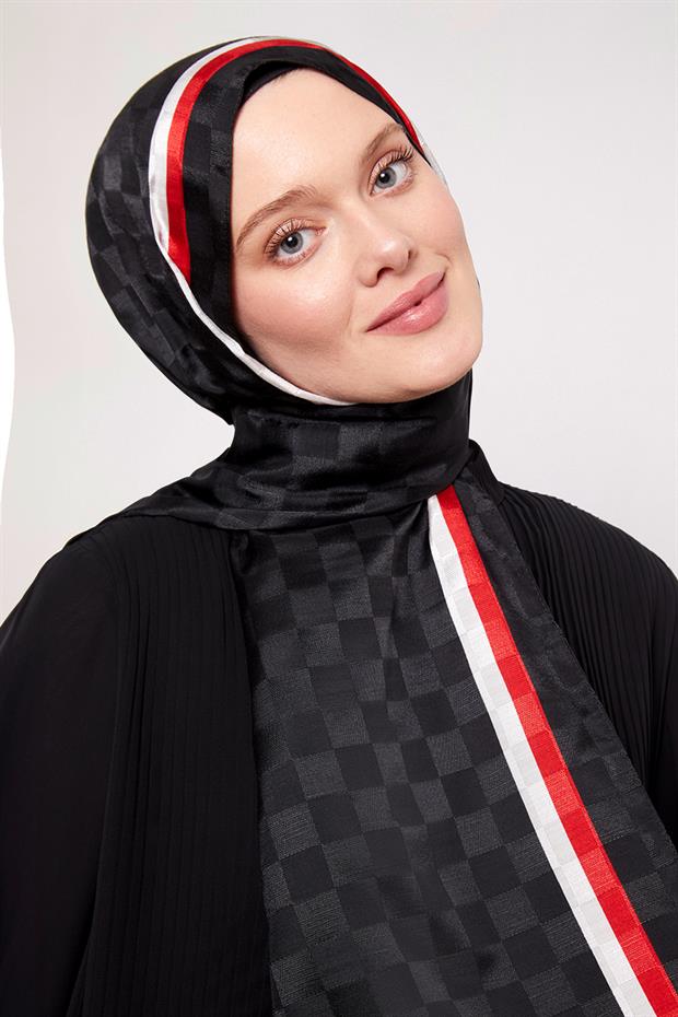 Siyah - Kırmızı Çizgili Dama Desen Monogram Şal