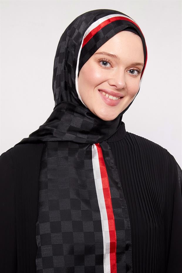 Siyah - Kırmızı Çizgili Dama Desen Monogram Şal