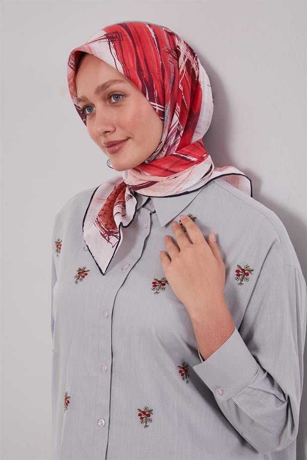 Siyah - Kırmızı Etnik Desen Pamuk Eşarp