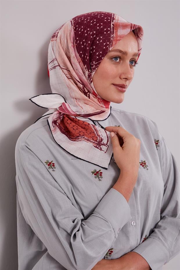 Siyah - Kırmızı Etnik Desen Pamuk Eşarp