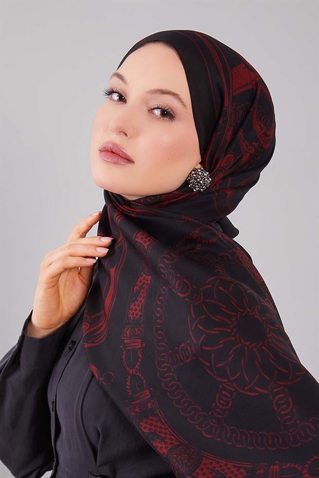 Siyah - Kırmızı Karışık Desenli Yün İpek Şal