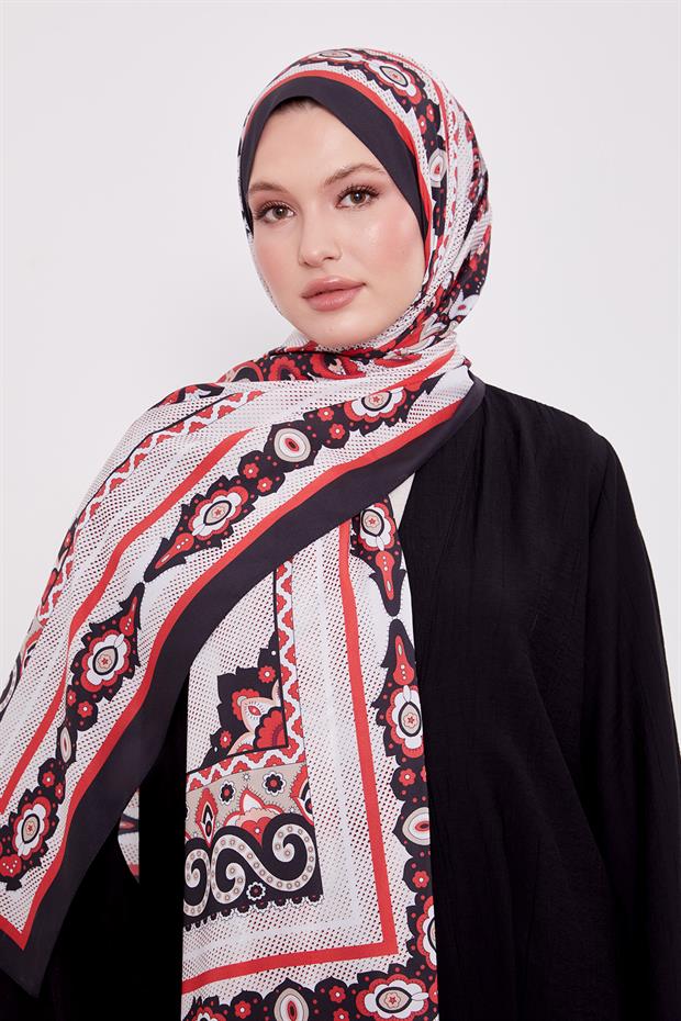 Siyah - Kırmızı Kenar Benek Desen Hint İpeği Şal