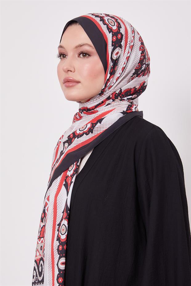 Siyah - Kırmızı Kenar Benek Desen Hint İpeği Şal