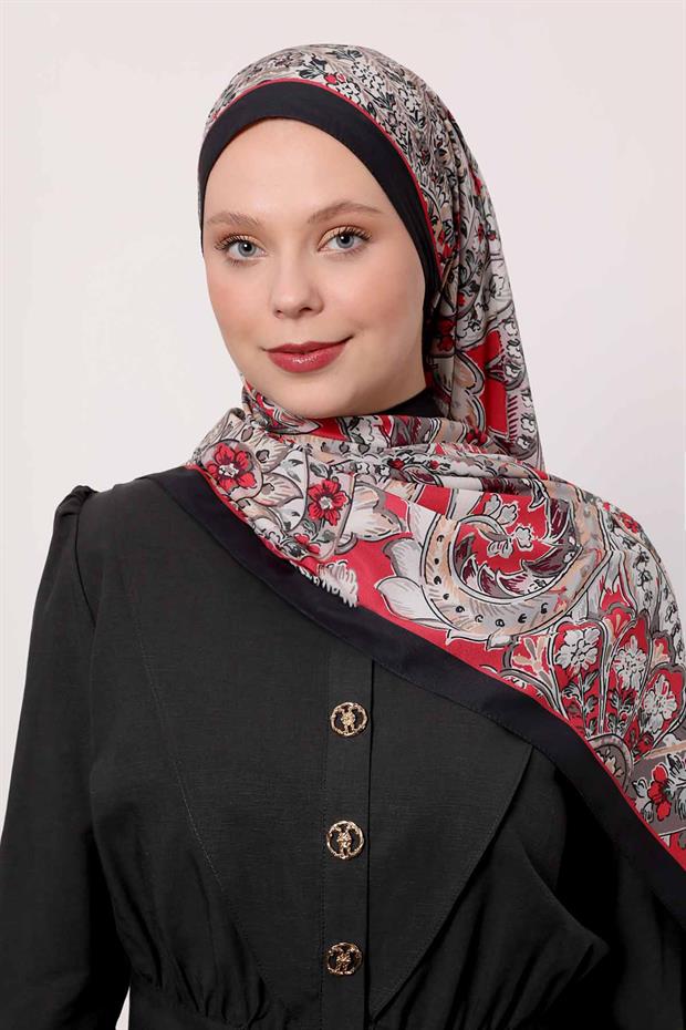 Siyah - Kırmızı Soyut Çiçek Desen Love Şal