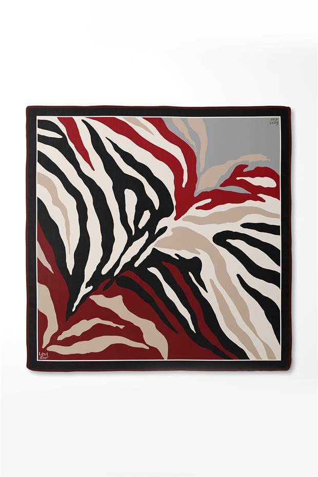 Siyah-Kırmızı Zebra Desen Twill İpek Eşarp