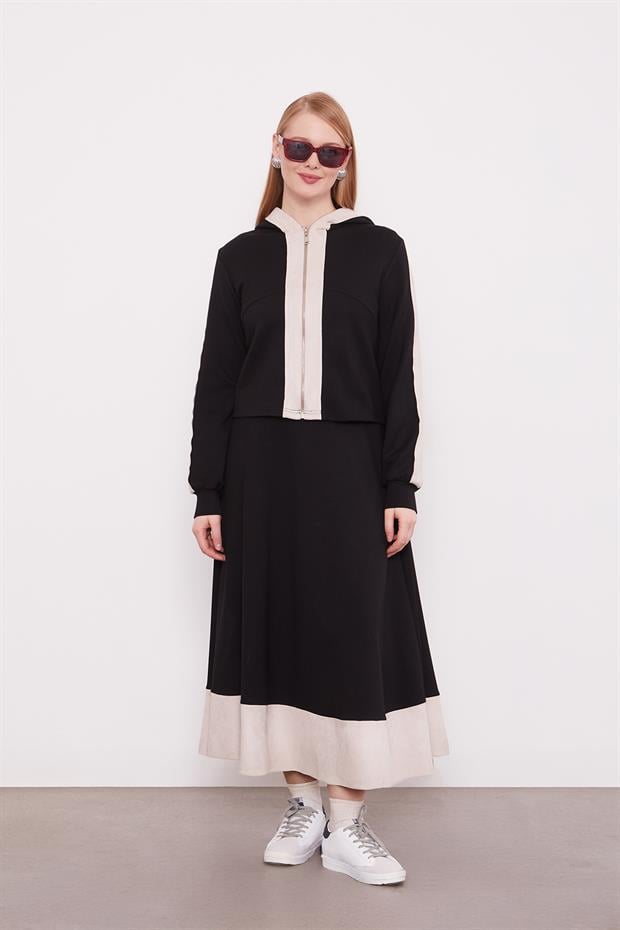 Siyah Kısa Hırkalı Fermuar Kapamalı Etek Takım