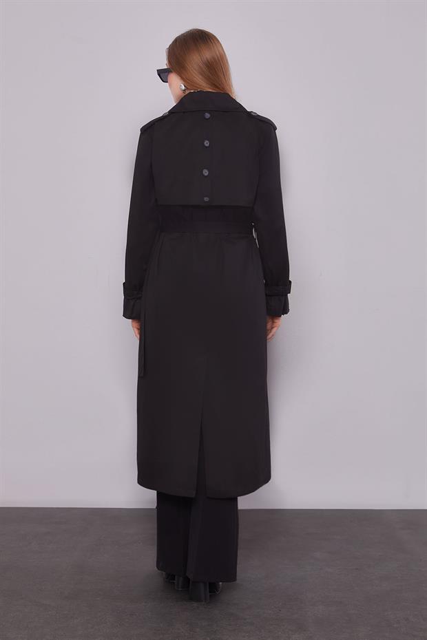 Siyah Kol Düğme Detaylı Trençkot