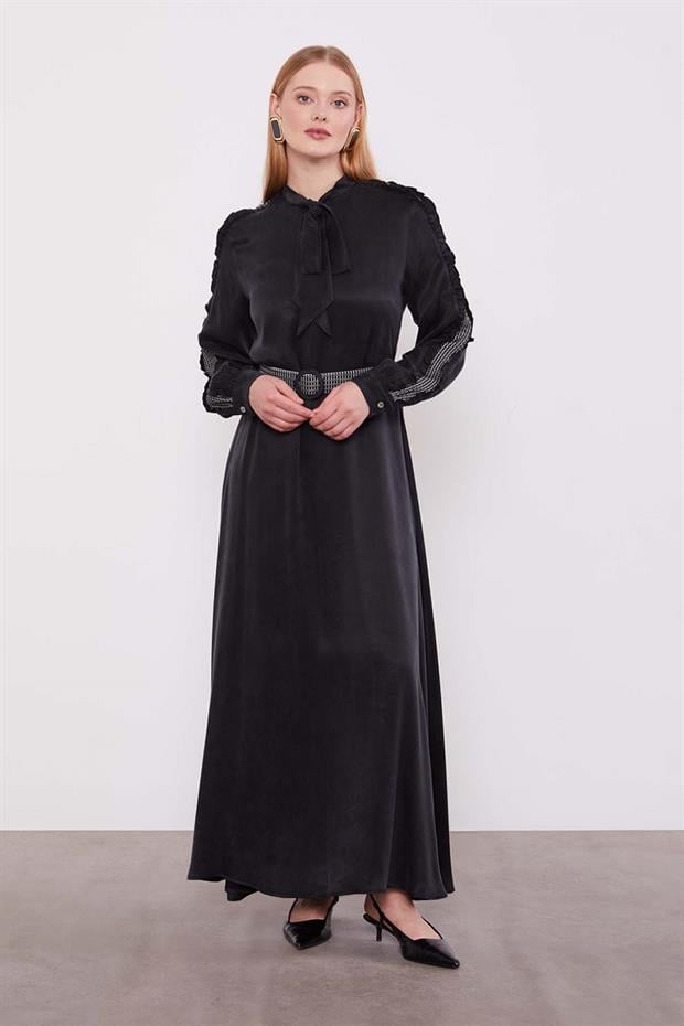 Siyah Kol Güpürlü Cupra Elbise
