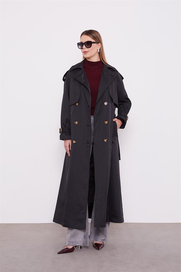 Siyah Kol Kemerli Trençkot